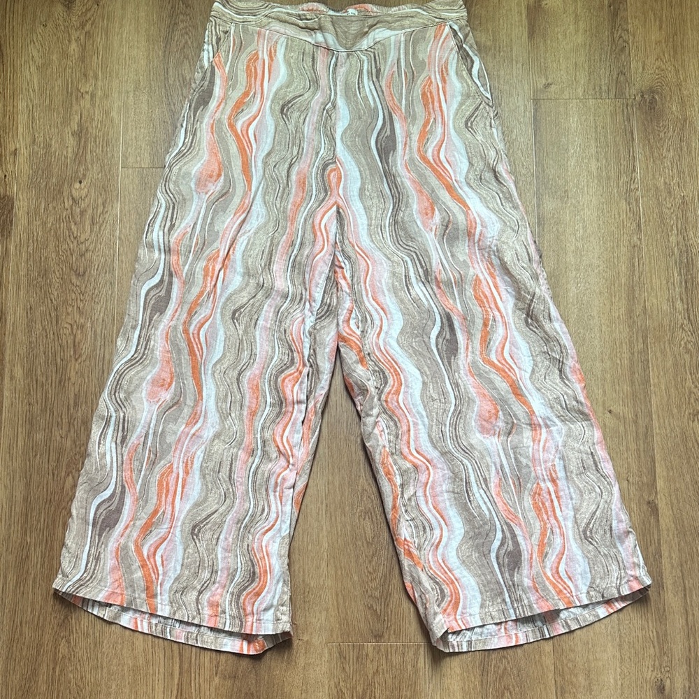 Rachel Zoe 100% Linen Wave-Print‎ Wide Leg Crop Pants in Coral, Beige and White